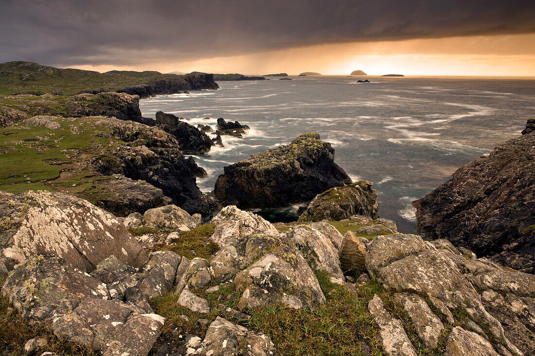 Stormy evening view along coastline near Carloway, Isle of Lewis, Outer Hebrides, Scotland, United Kingdom, Europe