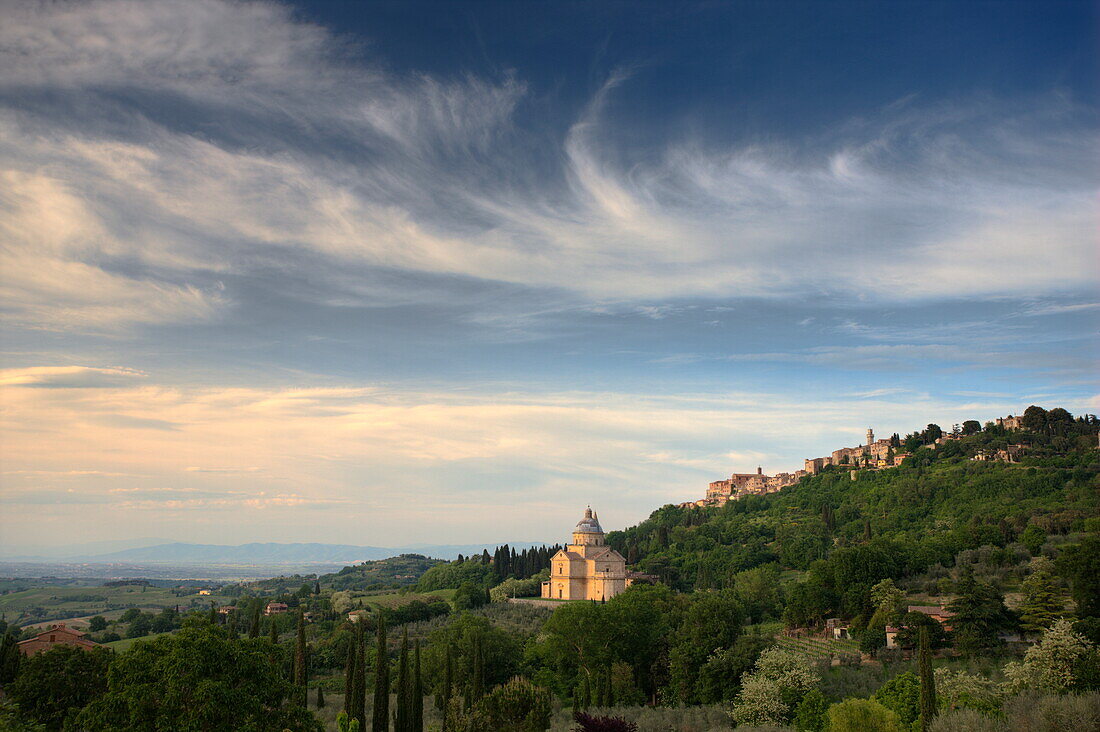 Evening view towards the hilltop town of Montepulciano and the church of San Biagio, Montepulciano, Tuscany, Italy, Europe