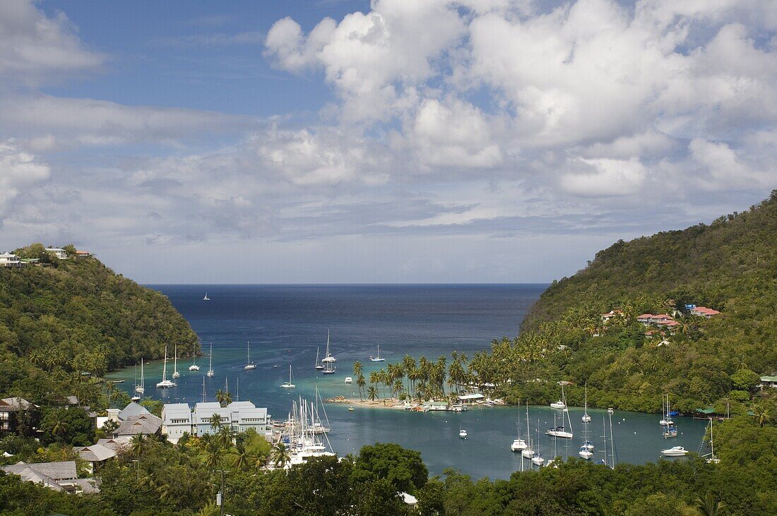 An aerial view of yachts in Marigot Bay, St. Lucia, Windward Islands, West Indies, Caribbean, Central America