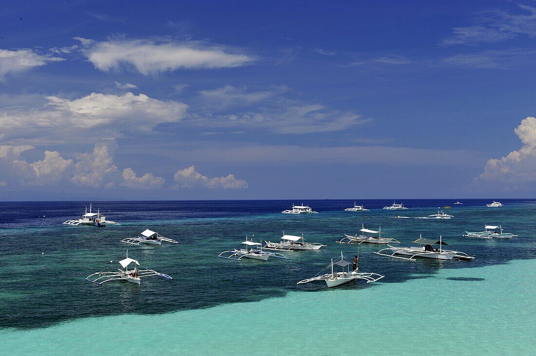 Boats along Alona Beach, Panglao Island, Bohol, Philippines, Southeast Asia, Asia