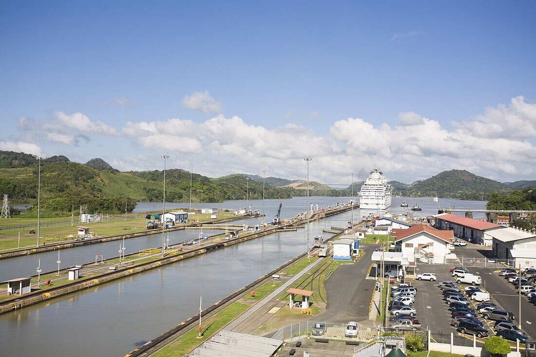 Island Princess Cruise ship transiting Miraflores Locks, Panama Canal, Panama, Central America
