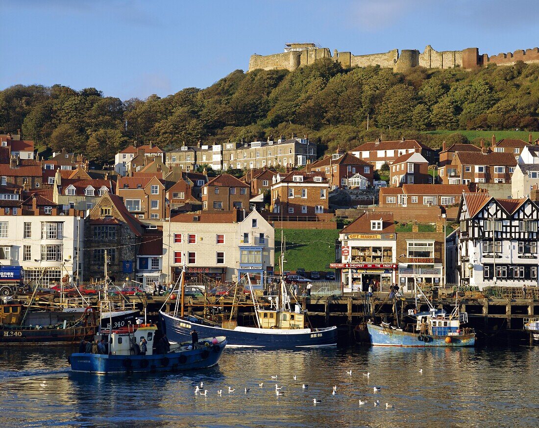 Scarborough, harbour and seaside resort with castle on the hill, Yorkshire, England