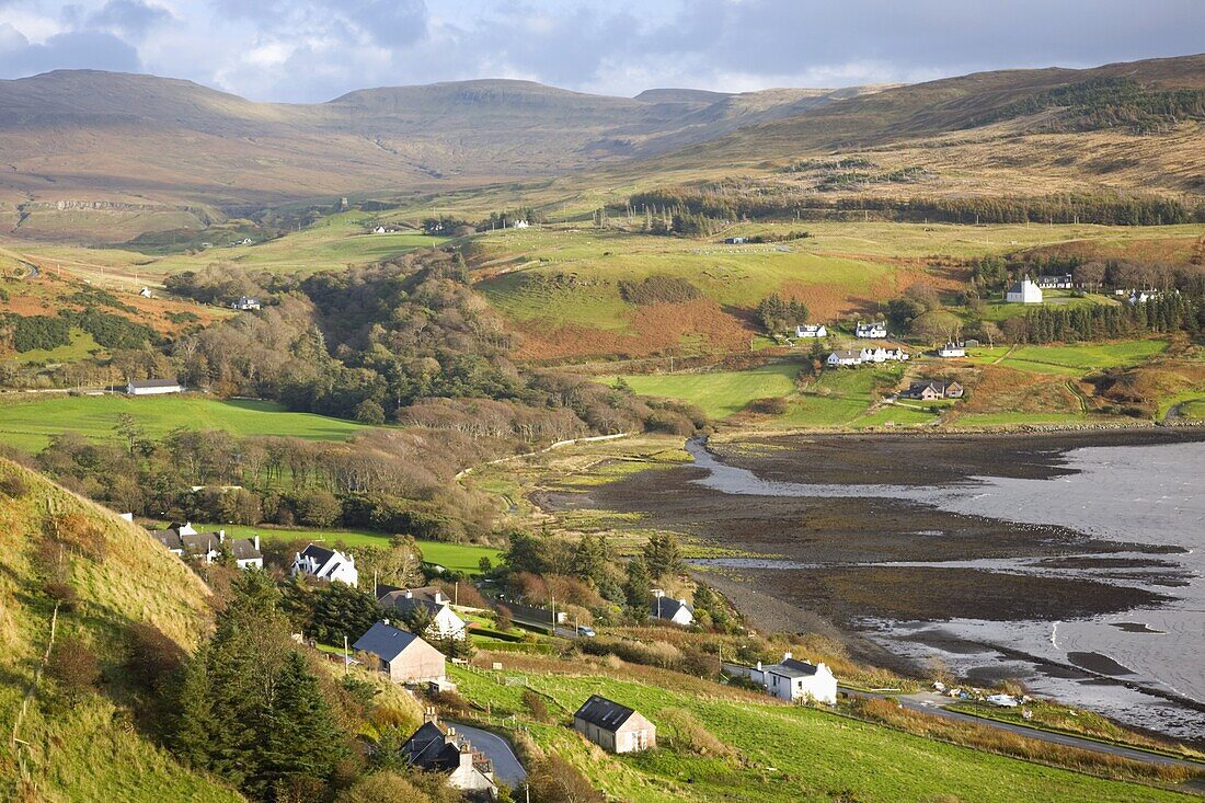 View from hillside to the village of Uig, Trotternish Peninsula, Isle of Skye, Highland, Scotland, United Kingdom, Europe