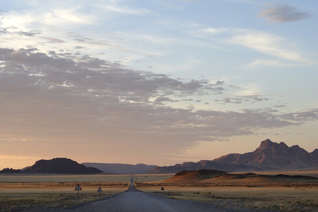 Road through the Naukluft National Park in evening, Namibia, Africa