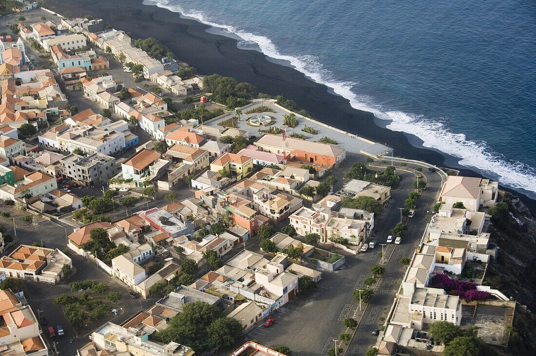 Sao Filipe from the air, Fogo (Fire), Cape Verde Islands, Atlantic Ocean, Africa