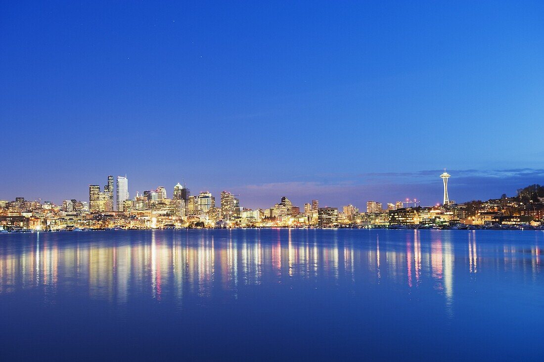 Downtown buildings and Space Needle seen from Lake Union, Seattle, Washington State, United States of America, North America
