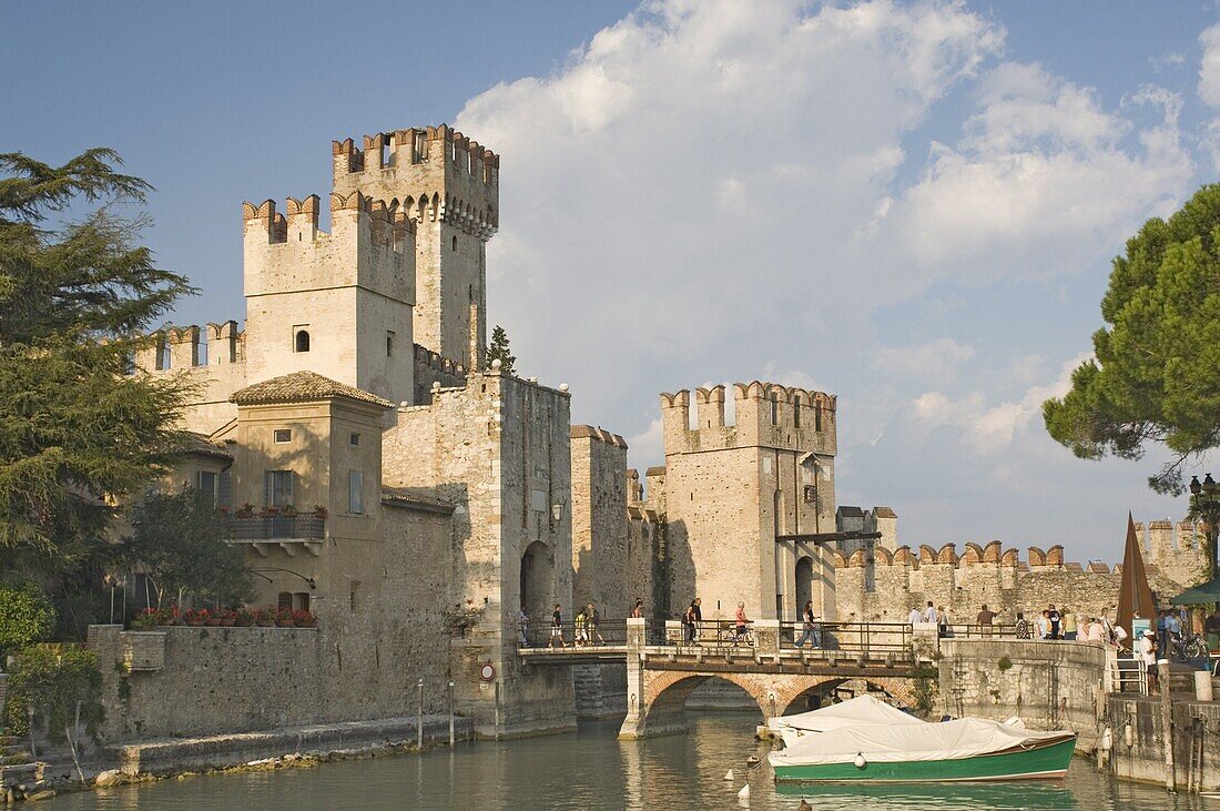 The castle and harbour at Sermione, Lake Garda, Veneto, Italian Lakes, Italy, Europe