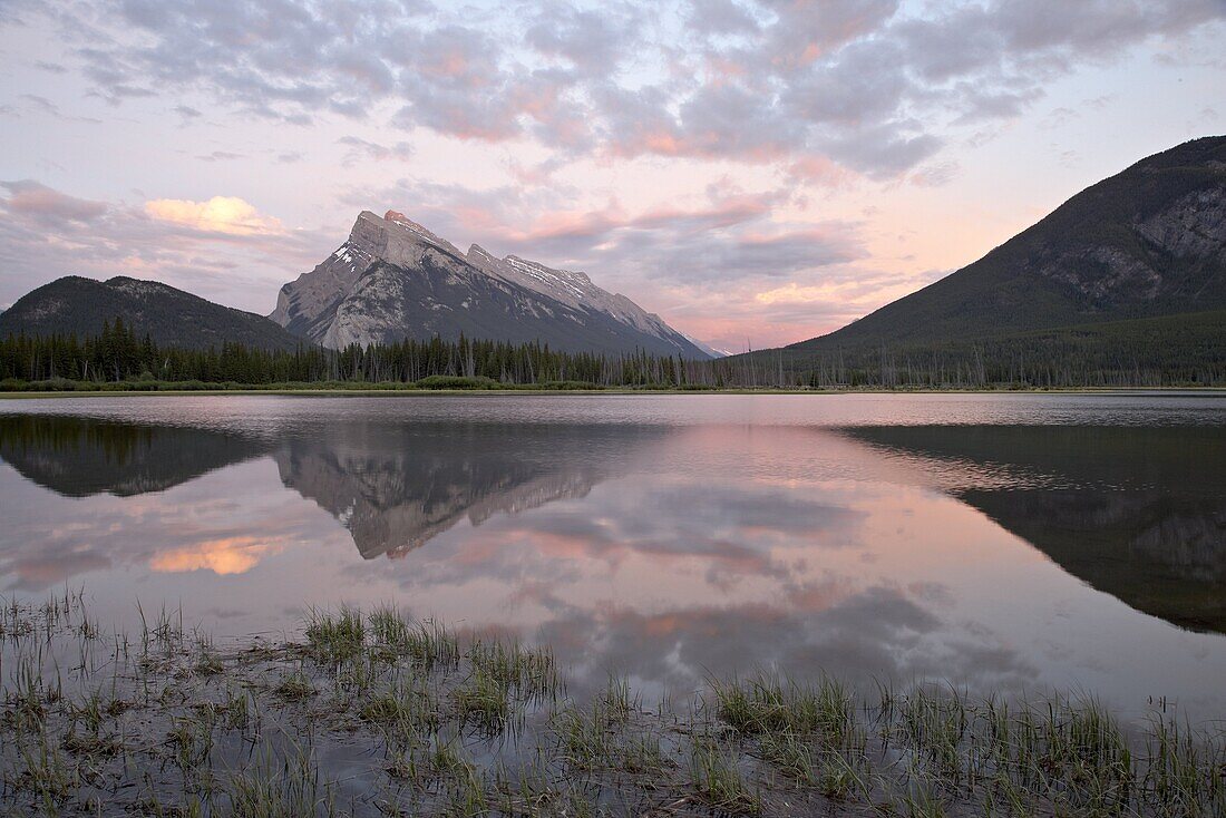 Mount Rundle at sunset reflected in Vermillion Lake, Banff National Park, UNESCO World Heritage Site, Alberta, Rocky Mountains, Canada, North America