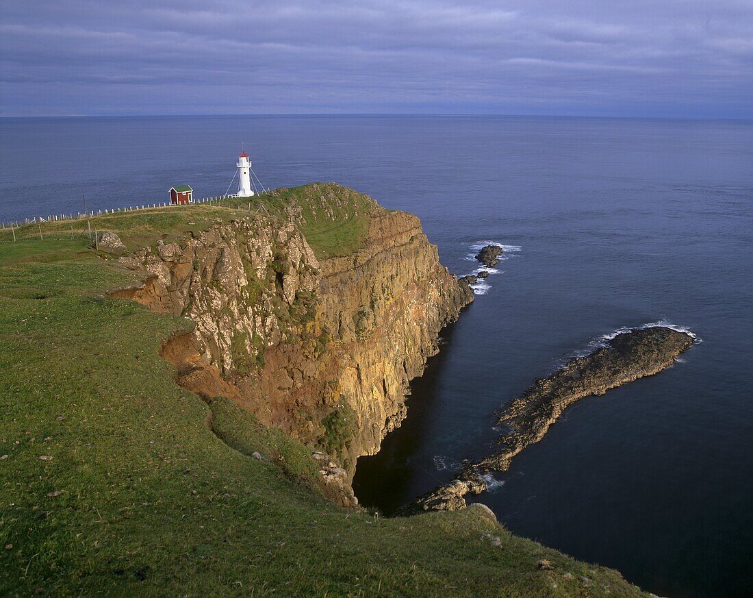 Akraberg lighthouse, Suduroy Island, southernmost point of Faroe Islands (Faroes), Denmark, Europe