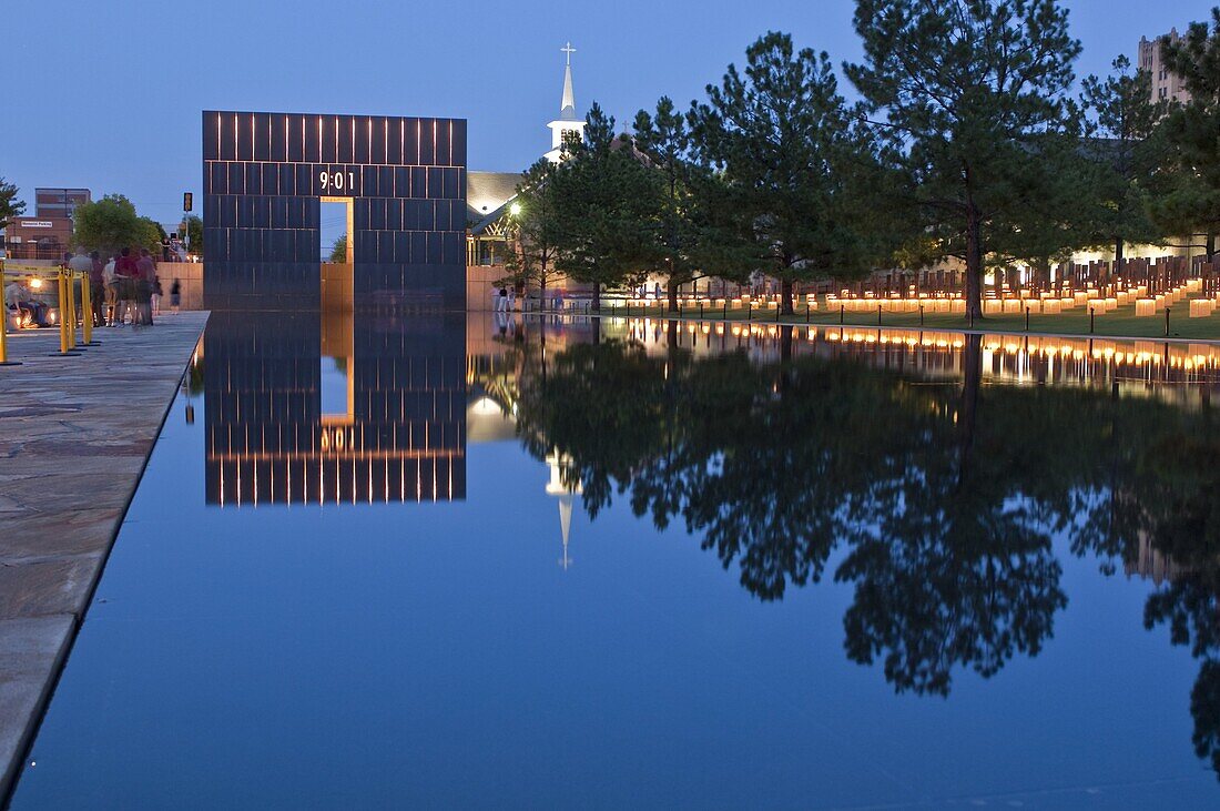 Reflecting Pool and The Gates of Time at the Oklahoma City National Memorial, Oklahoma City, Oklahoma, United States of America, North America