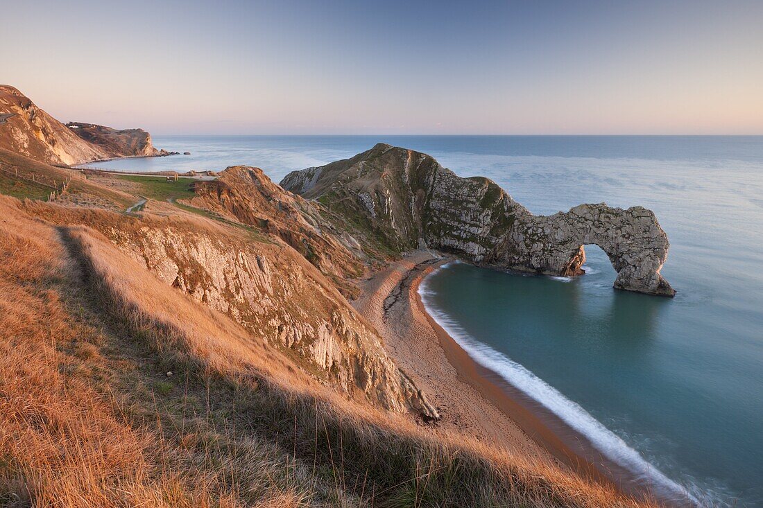 View from cliff tops down into Durdle Door, Jurassic Coast, UNESCO World Heritage Site, Dorset, England, United Kingdom, Europe