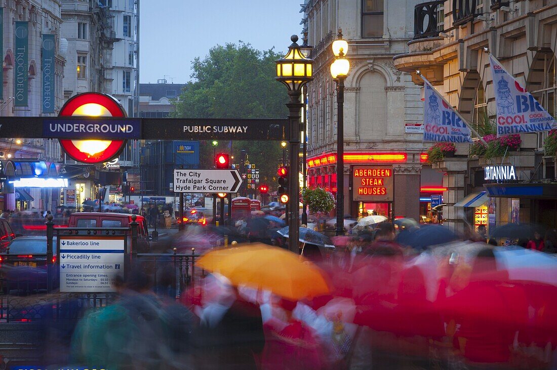 Underground station entrance, Piccadilly Circus, London, England, United Kingdom, Europe