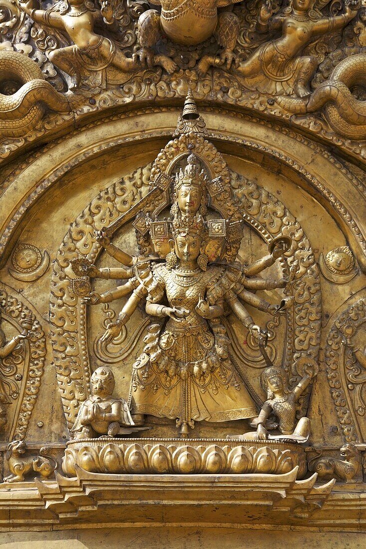 Patron goddess, Taleju, detail of Golden Gate, Sun Dhoka, the Royal Palace (Lu Dhawka), Durbar Square, Bhaktapur, UNESCO World Heritage Site, Kathmandu Valley, Nepal, Asia