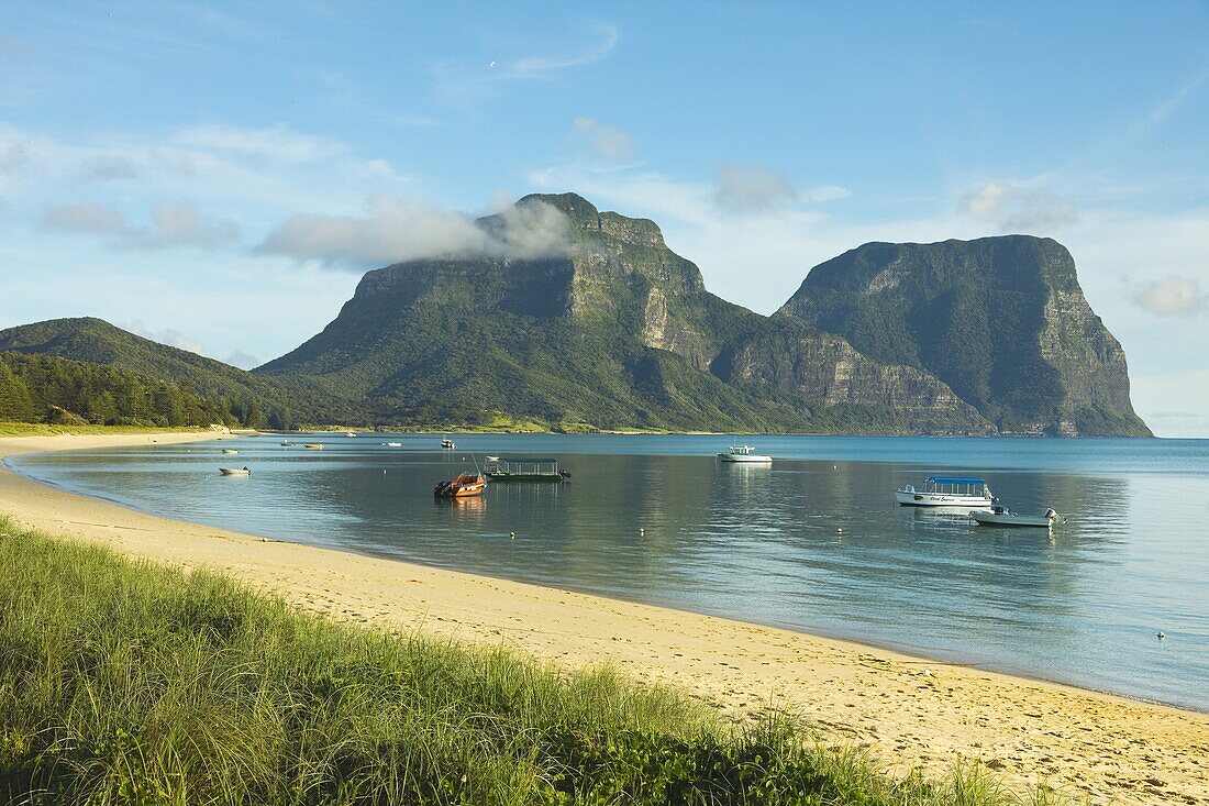 Mount Lidgbird on the left and Mount Gower by the lagoon with the world's most southerly coral reef, on this 10km long volcanic island in the Tasman Sea, Lord Howe Island, UNESCO World Heritage Site, New South Wales, Australia, Pacific