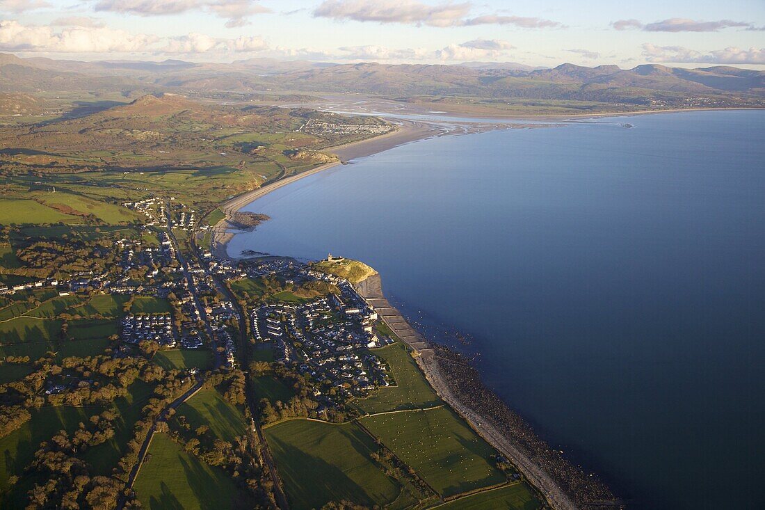 Aerial view of Criccieth in evening light, Llyn Peninsula,  North Wales, Cymru, United Kingdom, Europe