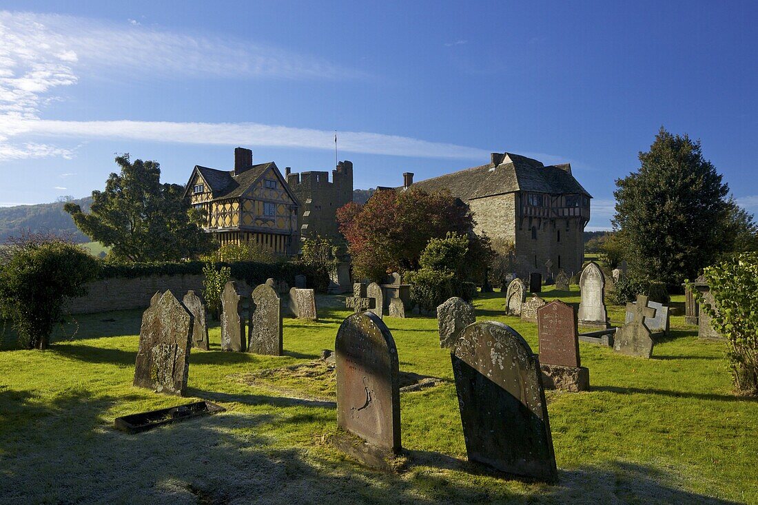 Stokesay Castle, a 13th century medieval fortified manor house, in autumn sunshine, Shropshire, England, United Kingdom, Europe