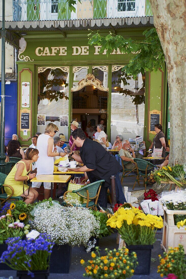 Flowers near the cafe in Isle sur la Sorgue, a village island surrounded by the river Sorgue, Luberon, Vaucluse, Provence, France, Europe