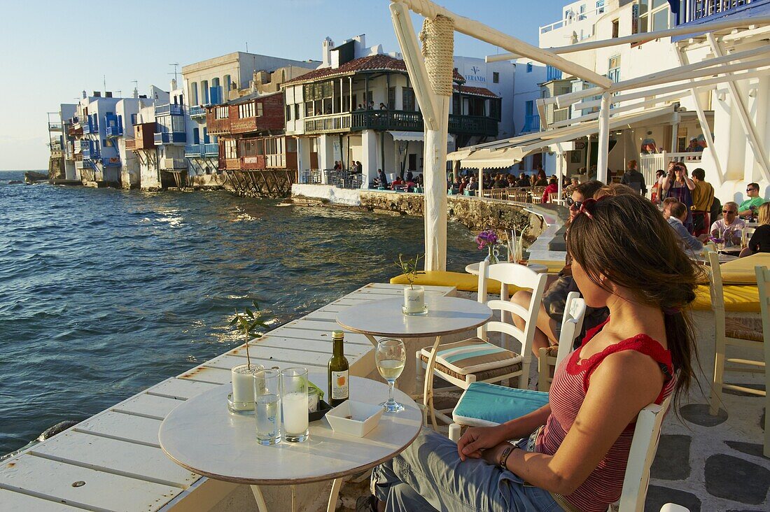 Cafe bar on the sea side, Little Venice, Alefkandra, Mykonos Town, Chora, Mykonos Island, Cyclades, Greek Islands, Greece, Europe