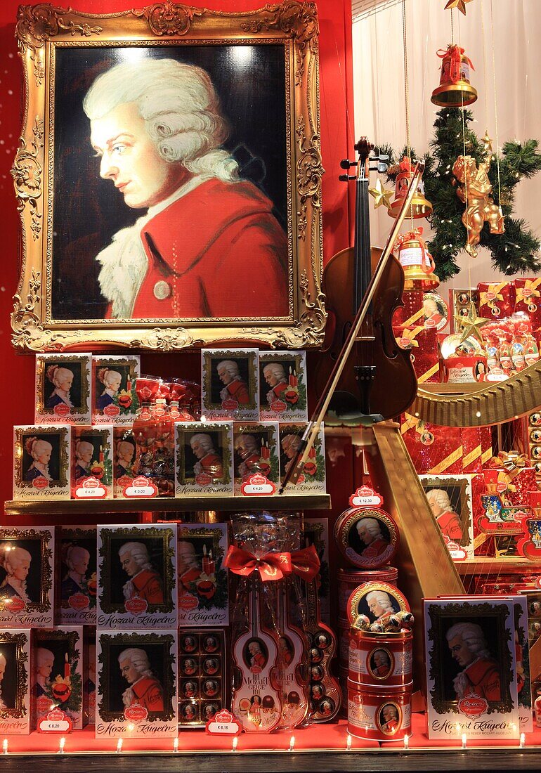 Christmas and Mozart decoration in shop window, Salzburg, Austria, Europe