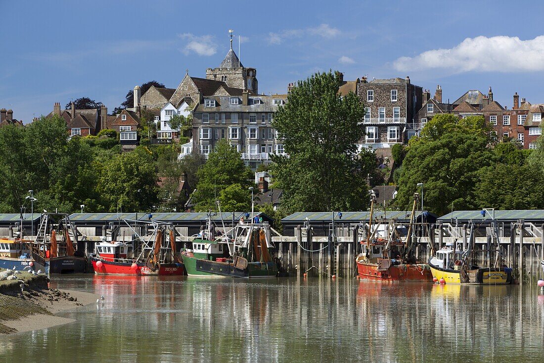 Fishing harbour on River Rother, old town, Rye, East Sussex England, United Kingdom, Europe