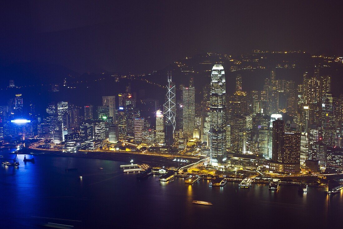 High angle view of Central, the main financial district, at night, Hong Kong Island, Hong Kong, China, Asia