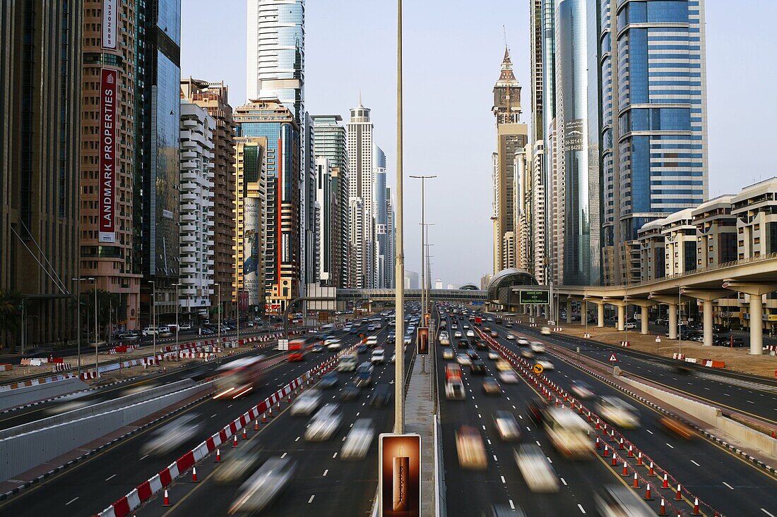 Traffic and new high rise buildings along Sheikh Zayed Road, Dubai, United Arab Emirates, Middle East