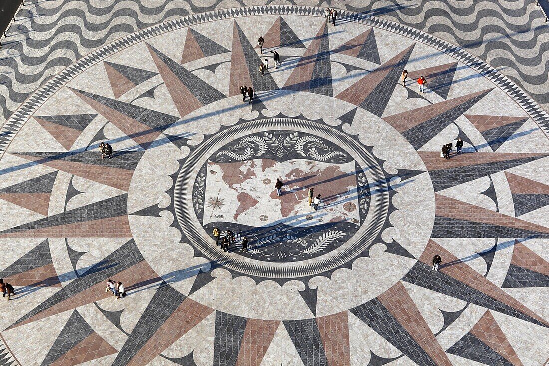 Pavement map showing routes of Portugese explorers below Monument to the Discoveries, Belem, Lisbon, Portugal, Europe