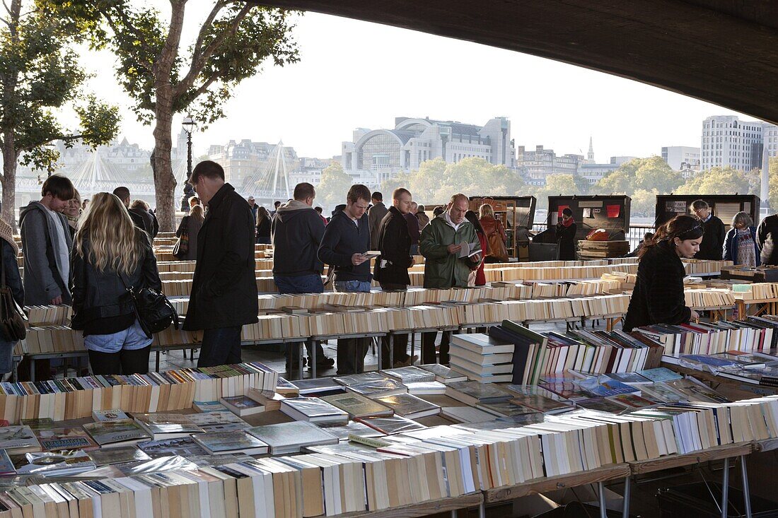 Used book market under Waterloo Bridge, South Bank, London, England, United Kingdom, Europe
