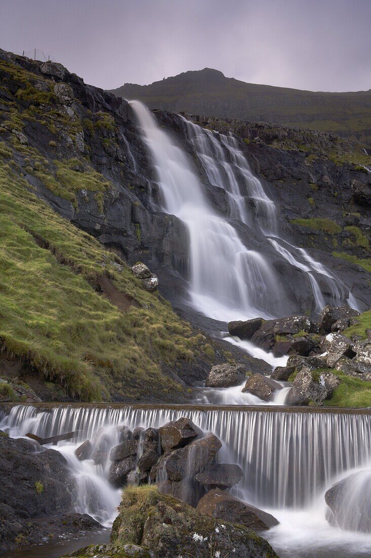 Waterfall, Laksa river near Hellur, Eysturoy Island, Faroe Islands (Faroes), Denmark, Europe