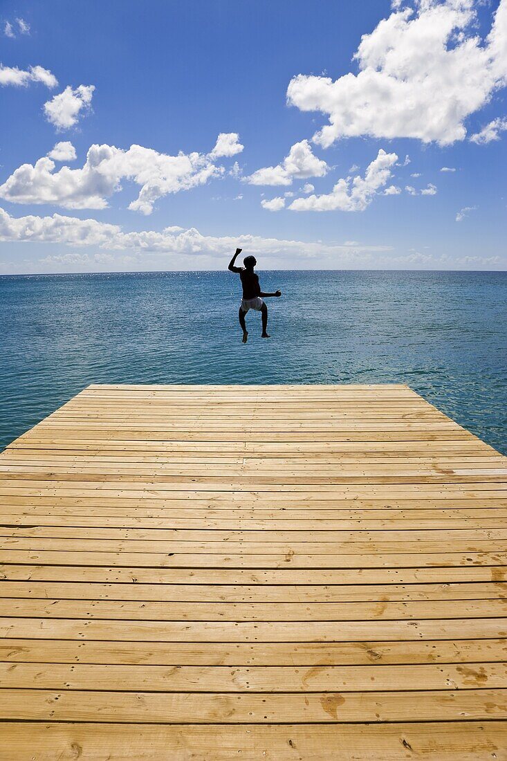 Wooden jetty leading into the Caribbean Sea, Frigate Bay Beach, St. Kitts, Leeward Islands, West Indies, Caribbean, Central America