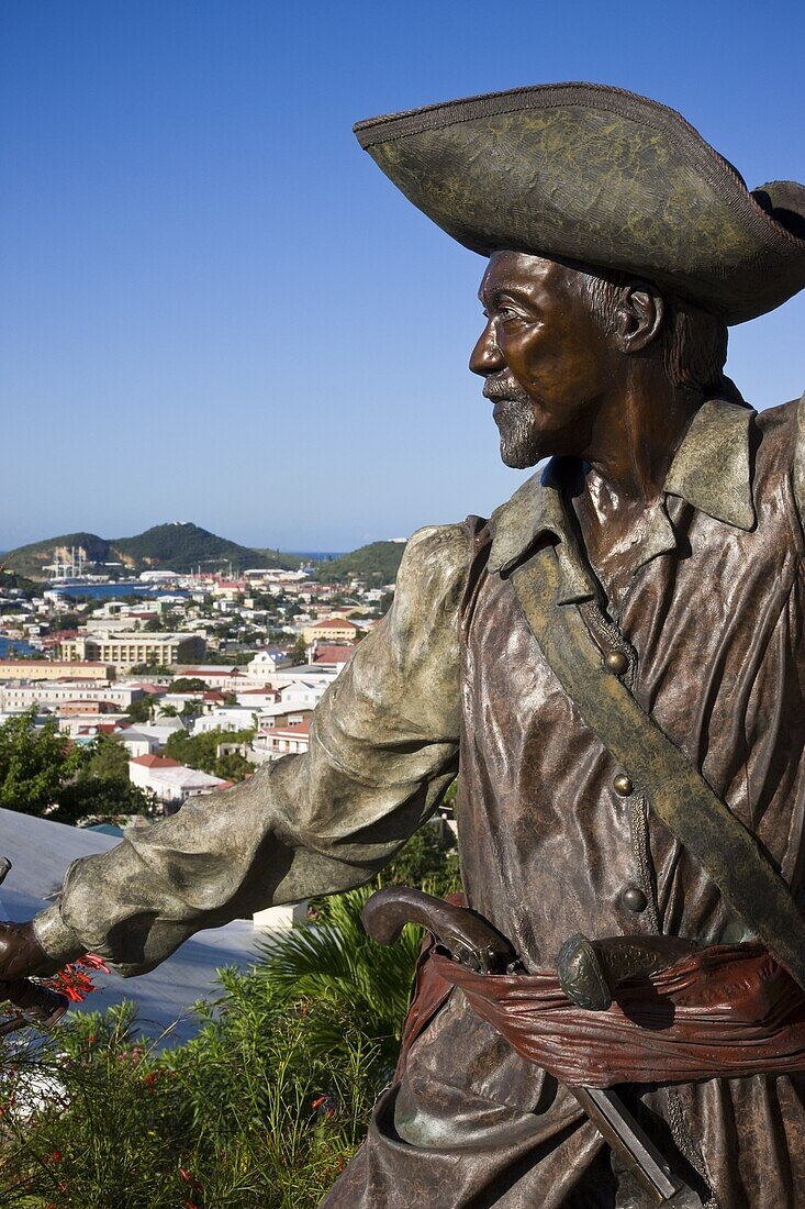 Sculpture in Blackbeard's Castle, one of four National Historic sites in the US Virgin Islands, with Charlotte Amalie in the background, St. Thomas, U.S. Virgin Islands, West Indies, Caribbean, Central America