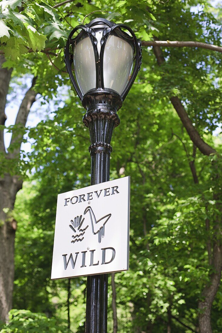 Forever Wild sign, Central Park, Manhattan, New York City, New York, United States of America, North America