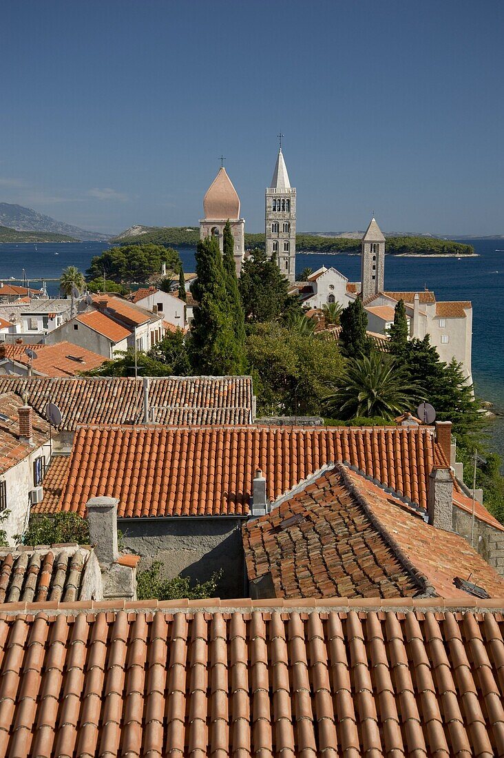 A view of the terracotta rooftops and medieval bell towers in Rab Town, island of Rab, Kvarner region, Croatia, Europe