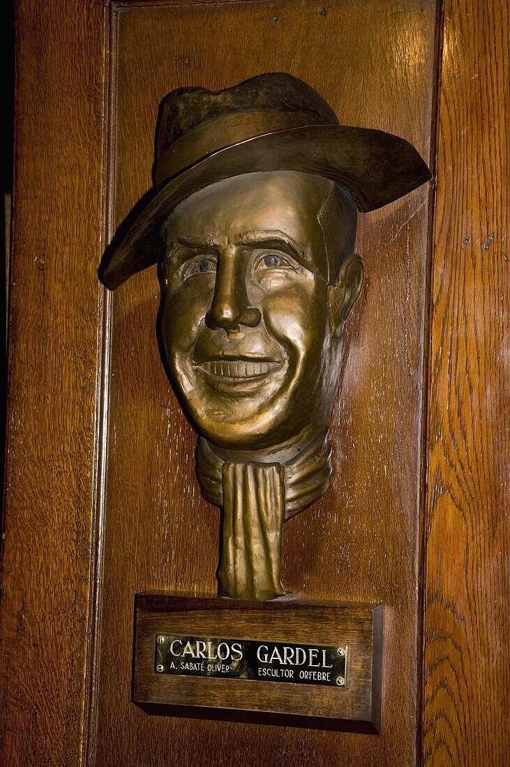Bust of Carlos Gardel famous for tango, Cafe Tortoni, a famous tango cafe restaurant, Buenos Aires, Argentina, South America