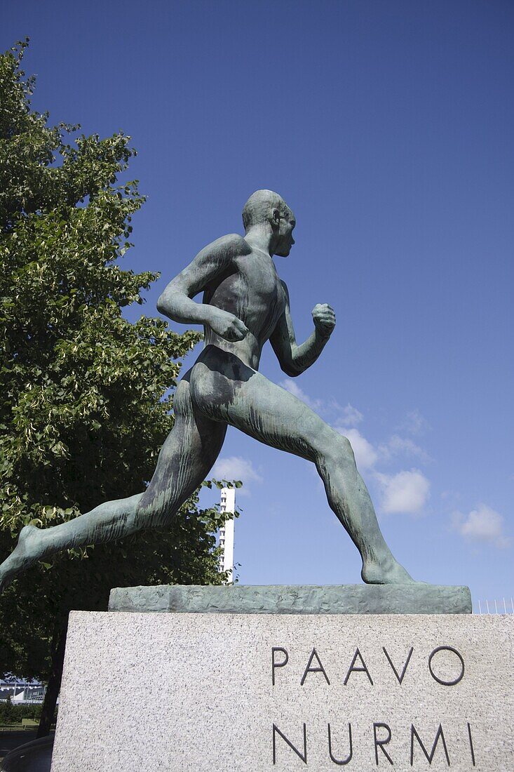 Statue of Paavo Nurmi outside the 1952 Olympic Stadium, Helsinki, Finland, Scandinavia, Europe