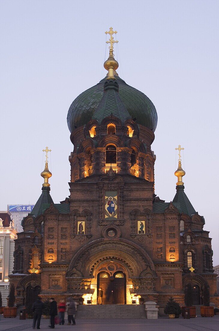 St. Sophia Russian Orthodox Church illuminated at night, built in 1907 in the Daoliqu area, Harbin, Heilongjiang Province, Northeast China, China, Asia