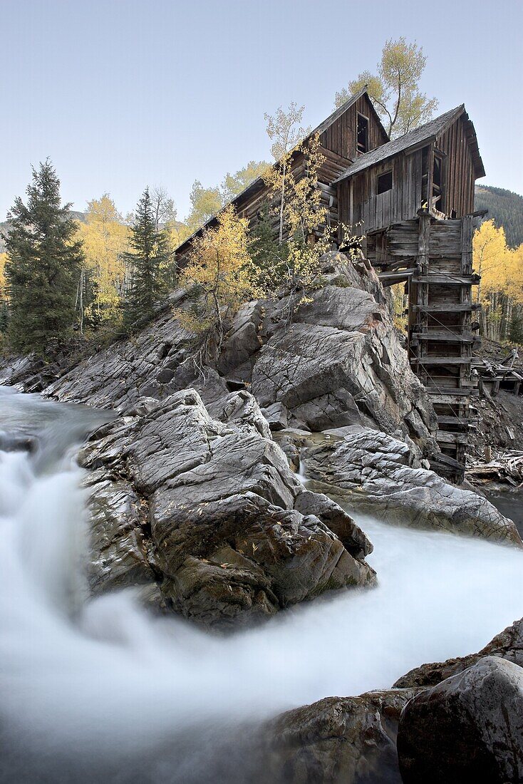 Crystal Mill with aspens in fall colors, Crystal, Colorado, United States of America, North America