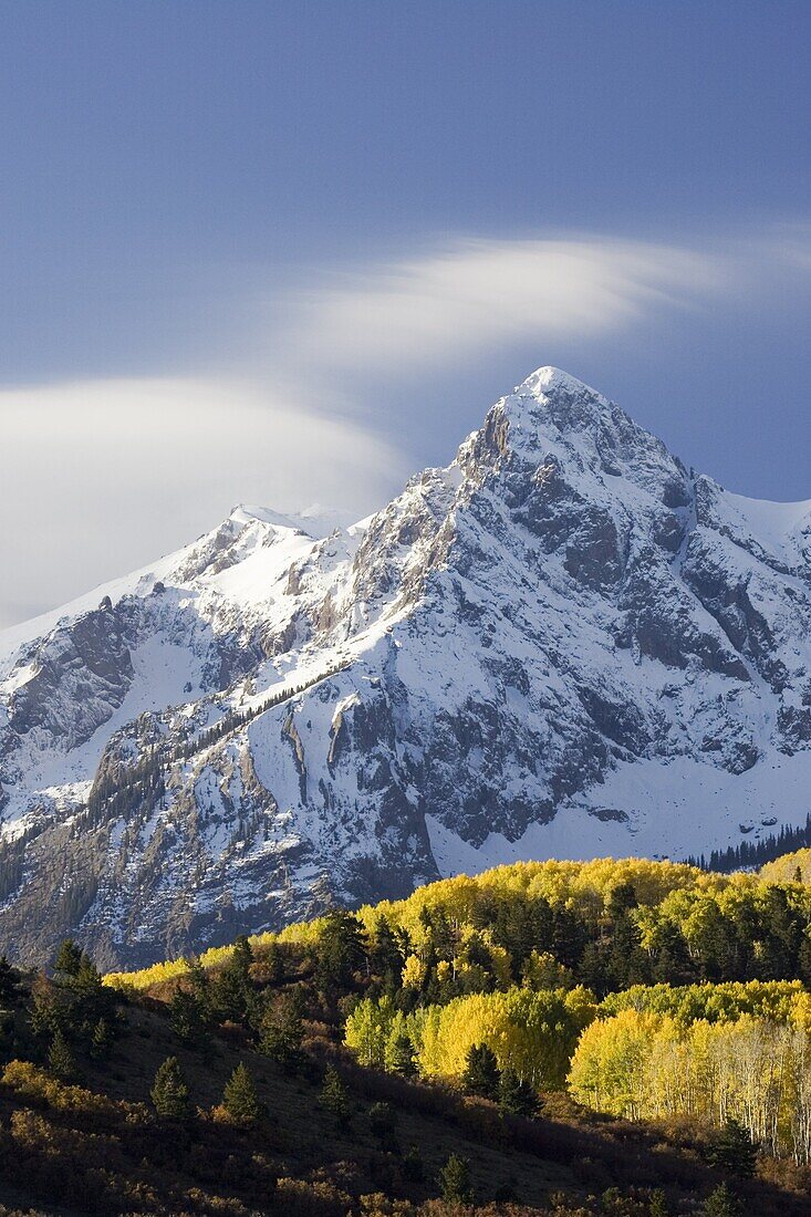 Snow capped mountain and fall colors, Dallas Divide, Colorado, United States of America, North America