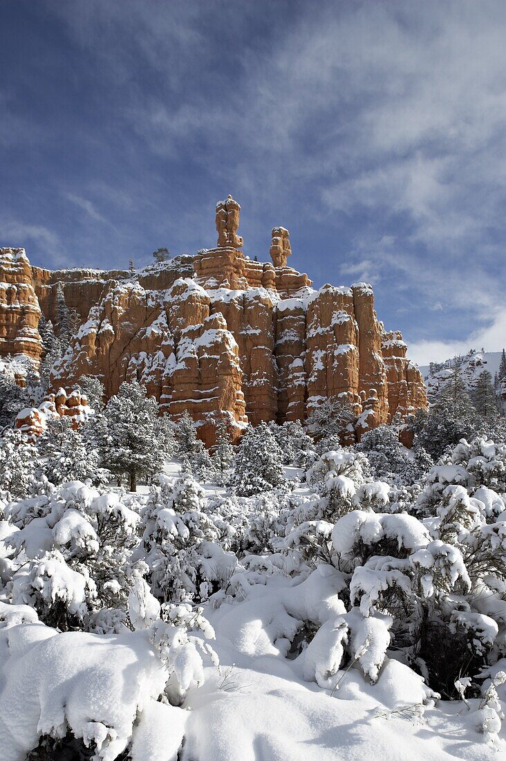 Snow-covered red rock formations, Dixie National Forest, Utah, United States of America, North America