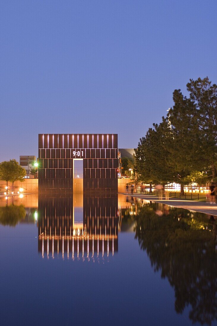 Reflecting Pool and The Gates of Time at the Oklahoma City National Memorial, Oklahoma City, Oklahoma, United States of America, North America