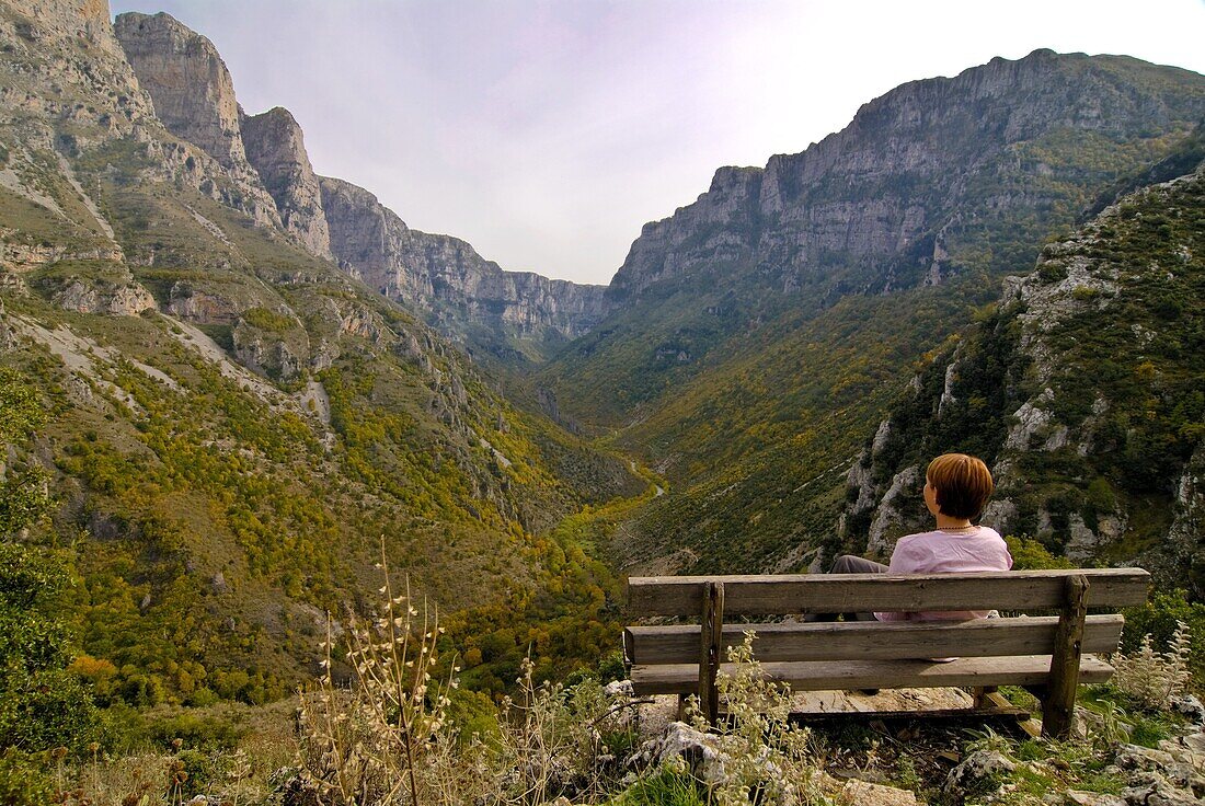 Woman looking at the Vikos Gorge, Epiros, Greece, Europe