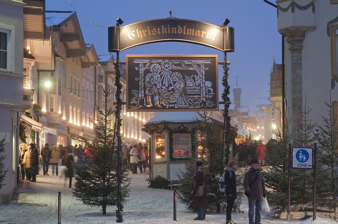 Main entrance to Christkindlmarkt (Christmas Market), Marktstrasse at twilight, Bad Tolz spa town, Bavaria, Germany, Europe