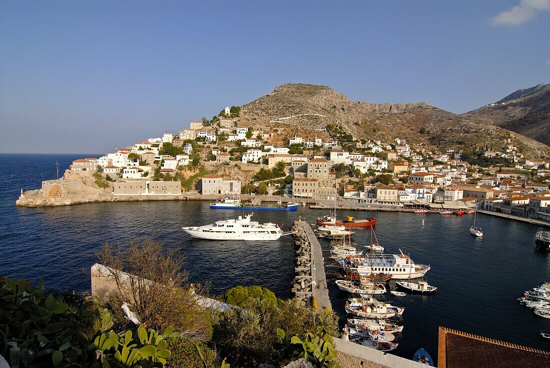 Small boats in the harbor of the island of Hydra, Greek Islands, Greece, Europe