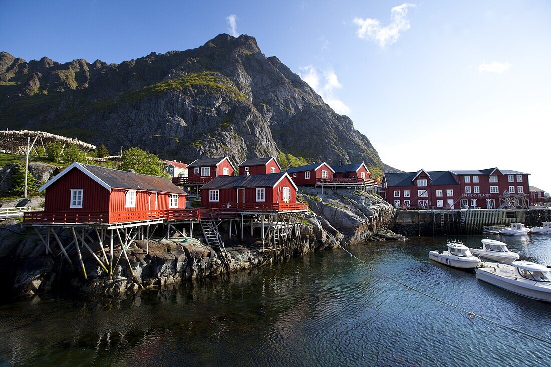 Rorbuer (fishermen's cabins), nowadays rented to tourists, at A village, Moskenesoy island, Lofoten archipelago, Nordland county, Norway, Scandinavia, Europe
