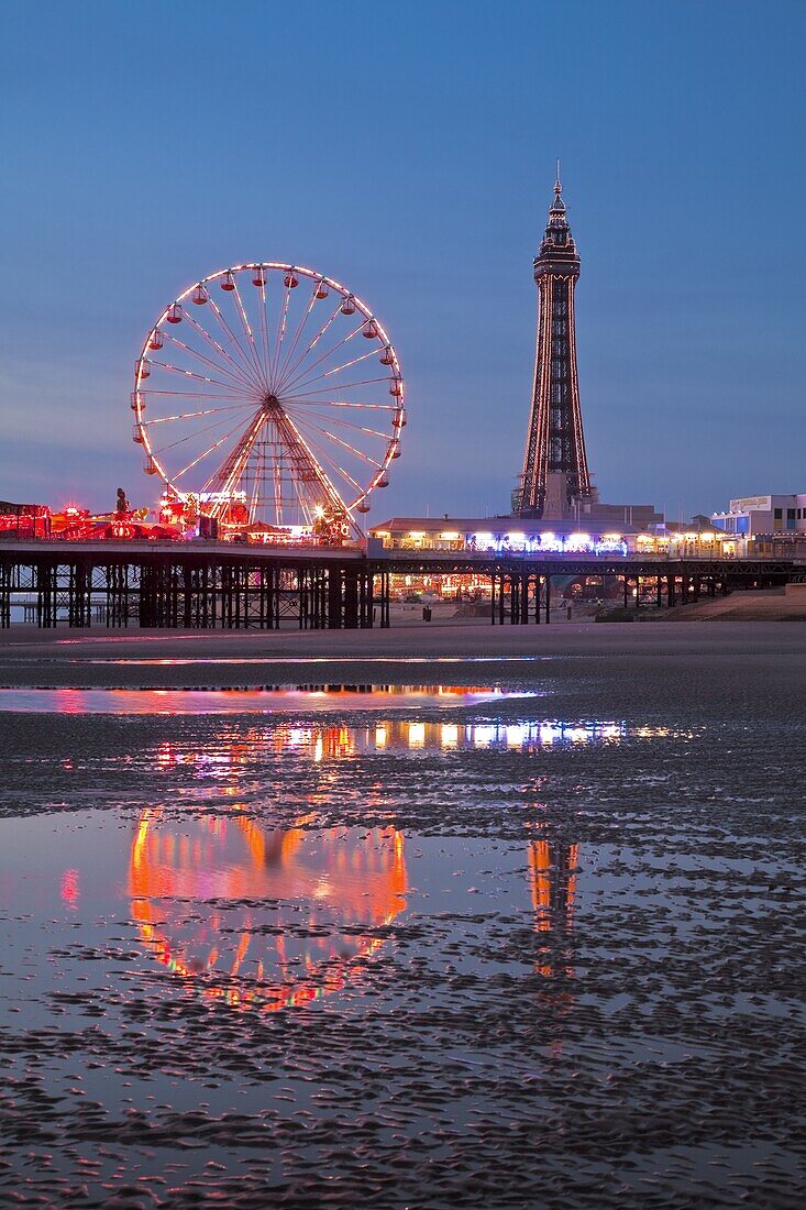 Blackpool Tower at twilight, Blackpool, Lancashire, England, United Kingdom, Europe