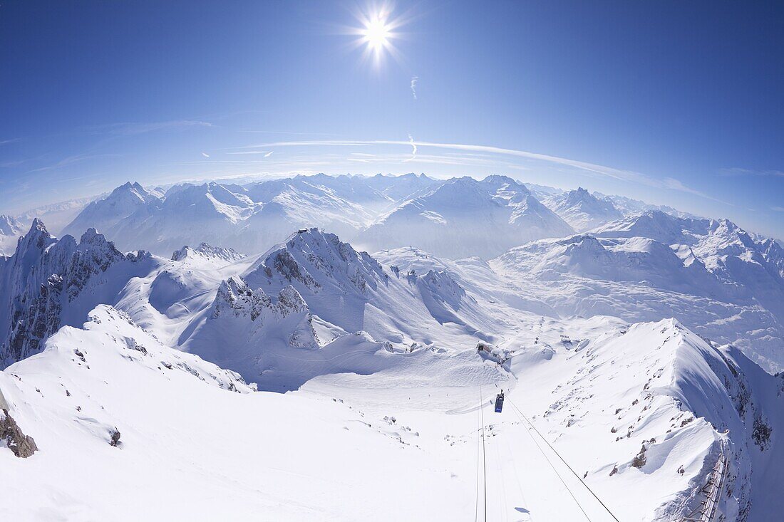 View from summit of Valluga in St. Anton am Arlberg in winter snow, Austrian Alps, Austria, Europe