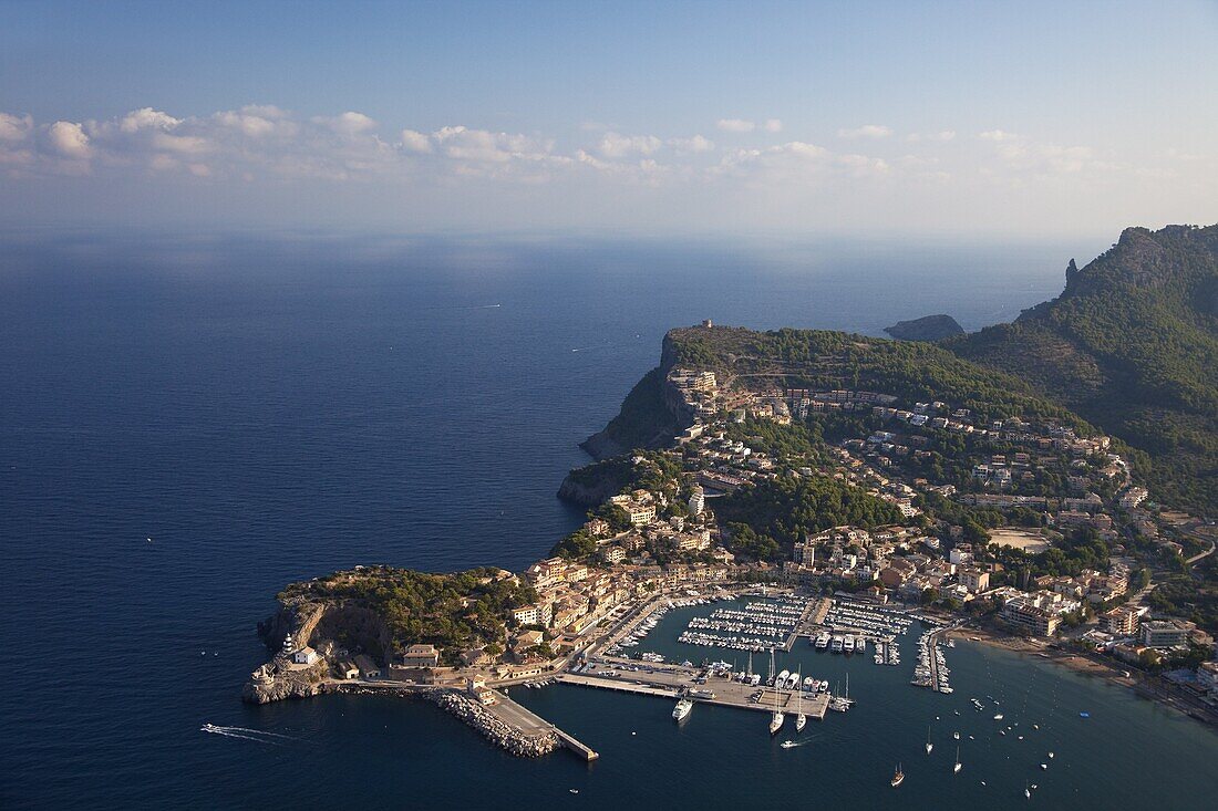 Aerial view of Soller harbour and northern coastline of Majorca in early morning in summer, Majorca, Balearic Islands, Spain, Mediterranean, Europe