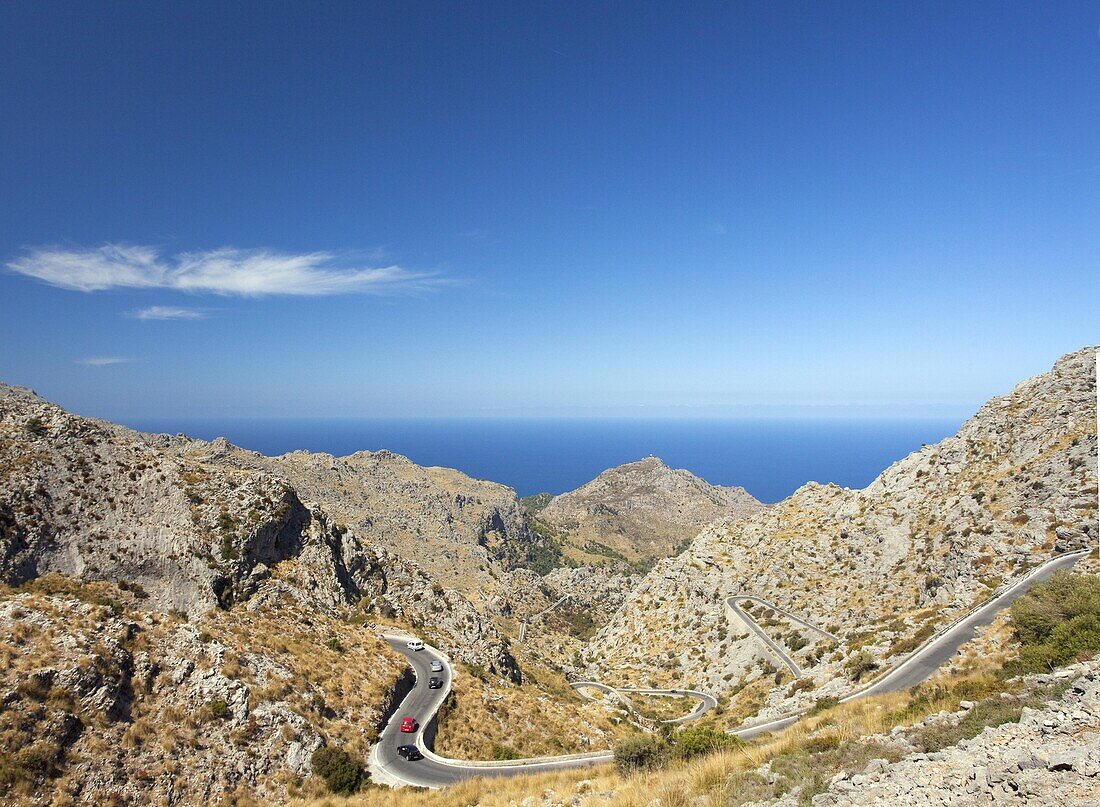 Twisting hairpin mountain road to Sa Calobra in northern Majorca, Balearic Islands, Spain, Mediterranean, Europe