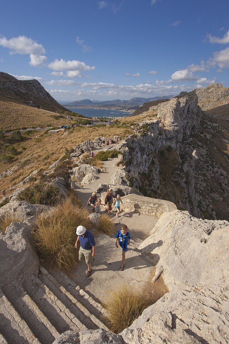 Tourists walking up to the Mirador des Colomer, Formentor Peninsula, Majorca, Balearic Islands, Spain, Mediterranean, Europe