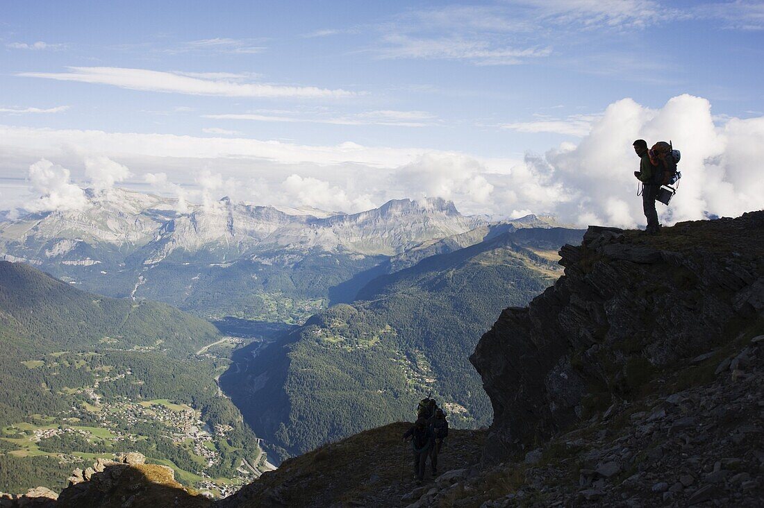 Hiker above Chamonix Valley, Mont Blanc, French Alps, France, Europe